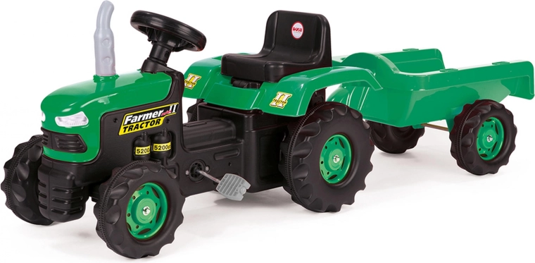 Groene kindertraptractor met aanhanger