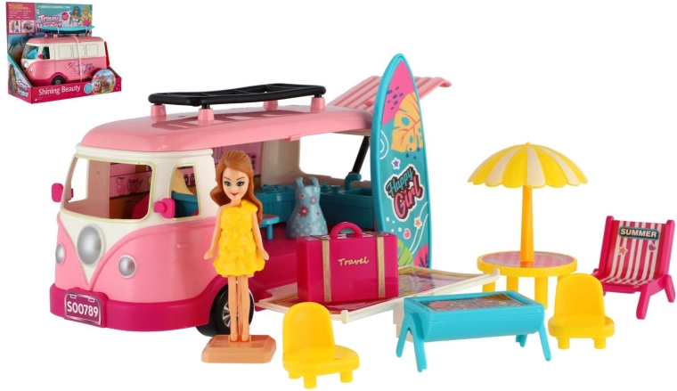 Roze camper voor kinderen met surfplank en accessoires