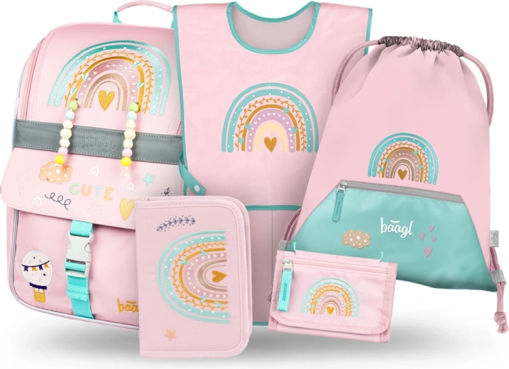 Baagl schoolset 5-in-1 Zippy Regenboog roze – schooltas, etui, gymzak, schort en portemonnee