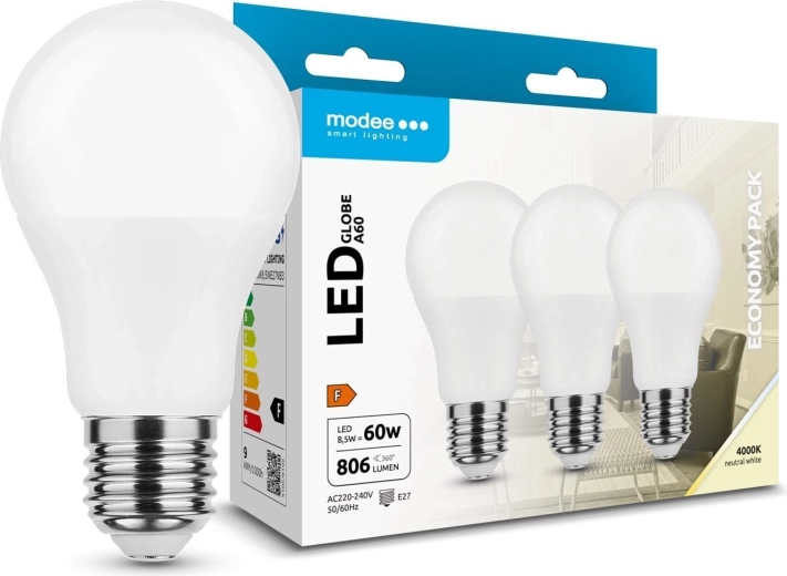 Modee LED-lamp Globe A60 8,5 W E27, 806 lm, neutraal wit, verpakking 3 stuks
