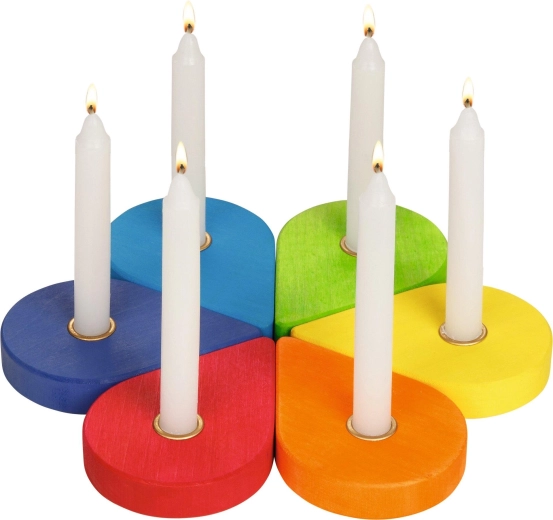 Verjaardagskrans – houten kandelaars in regenboogkleuren (6 stuks)