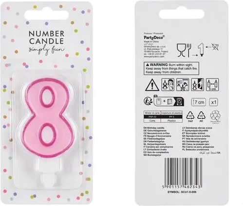 Roze verjaardagstaartkaars in de vorm van het cijfer 8, 7 cm