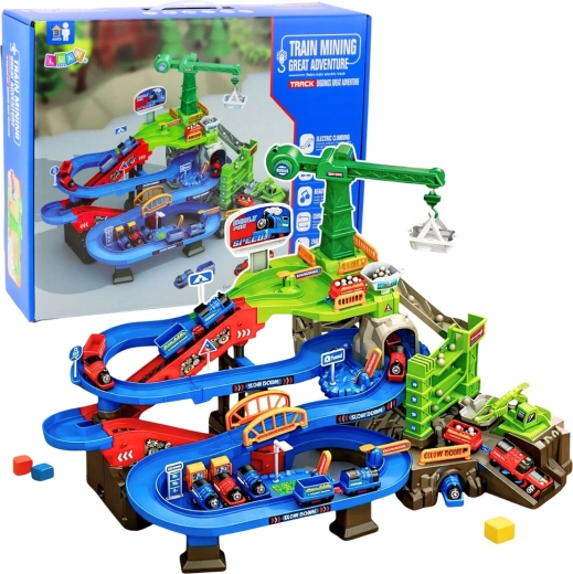 Interactieve mijn-treinbaan met elektrische kraan en goederentreinen