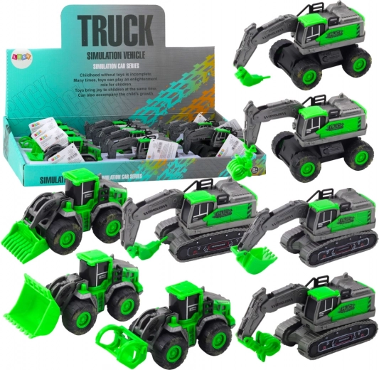 Bouwvoertuig met opwind-/frictieaandrijving – mini graafmachine, loader of bulldozer, groen