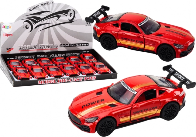Sportauto 1:32 met figuurtje, rood, metaal met spoiler