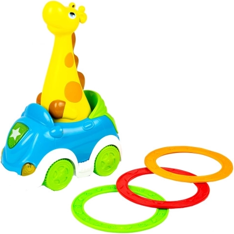 Interactief spel Giraffe: raak het doel met rijdend autootje en ringen