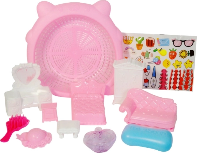 kleurrijke set kinderkamermeubels met mandje en stickers