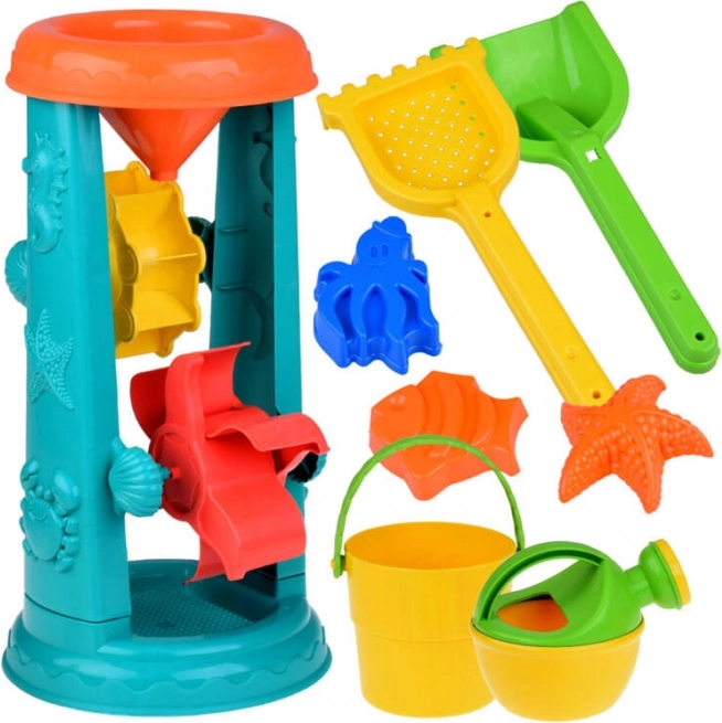 Grote set zandbak speelgoed met emmer, hark en waterwiel
