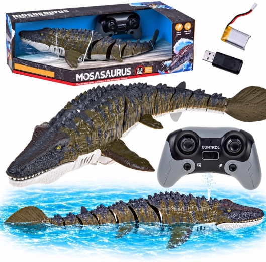 Op afstand bestuurbare mosasaurus voor in het water, zwemt en sproeit water 40 cm