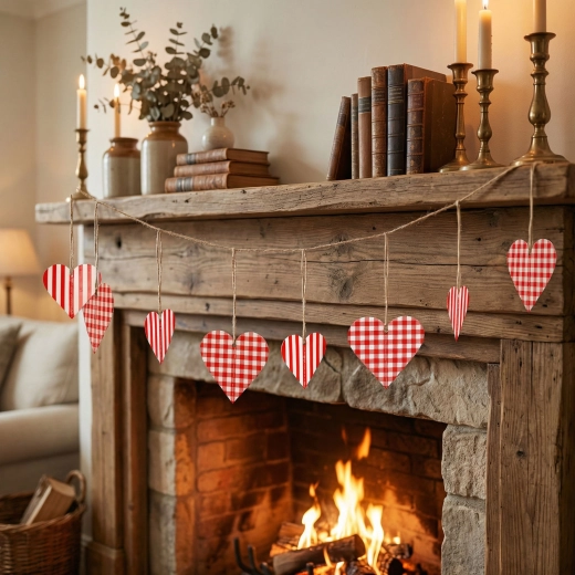 Papieren slinger met rood-wit geruite hartjes 2 m