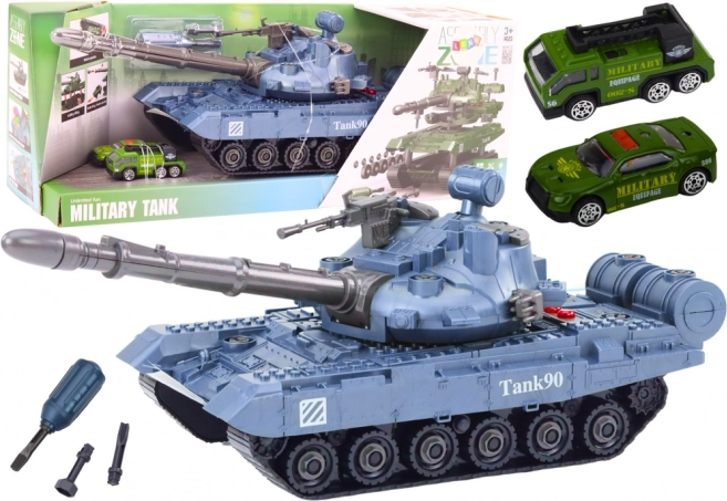 Interactieve blauwe tank om mee te spelen met gereedschap en geluiden