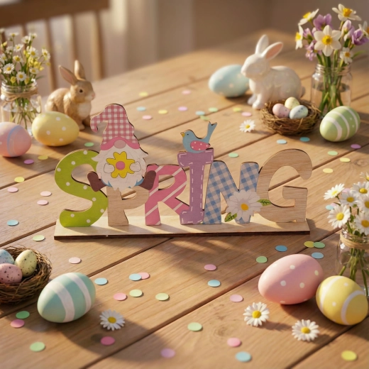 Houten lentetafeldecoratie met kabouter