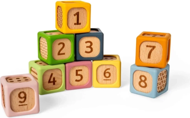 Bigjigs Toys sorteerkubussen van hout en siliconen (9 stuks)