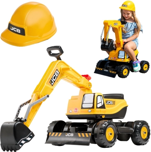 Falk JCB kindergraafmachine als loopauto met draaibare arm en helm