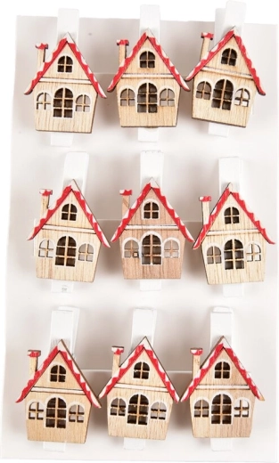 Houten knijpertjes met rood huisje 3 cm, 9 stuks