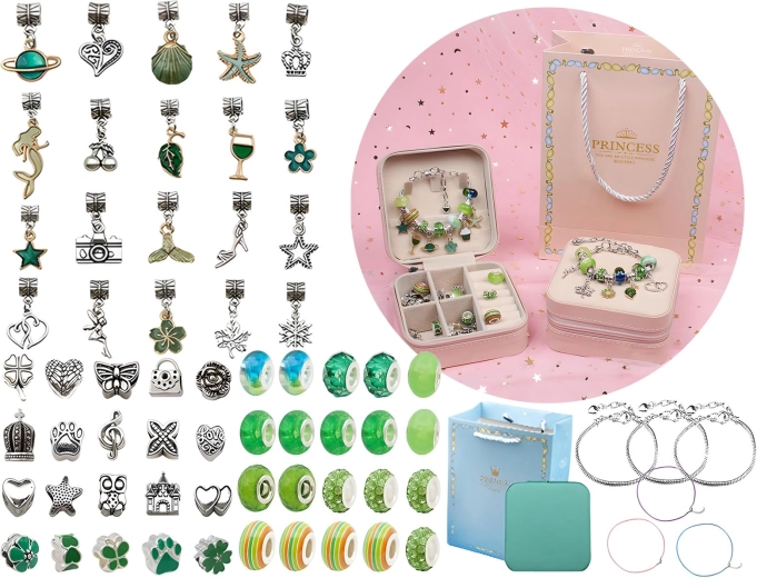 Set voor het maken van sieraden en armbanden met kralen en bedeltjes in groentinten + etui