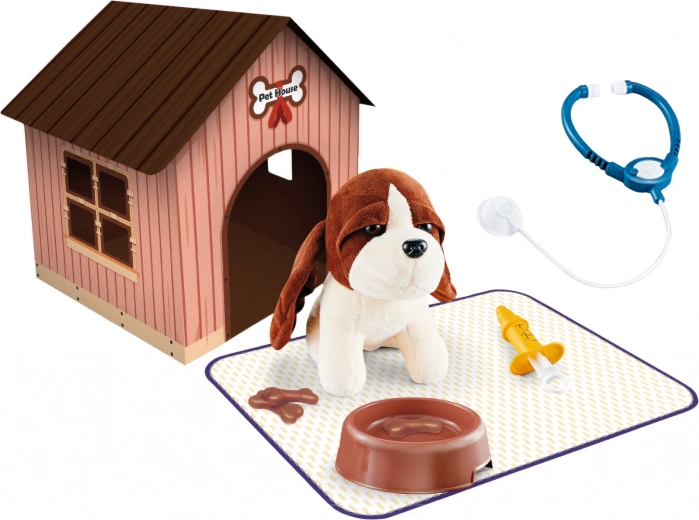 Pluchen hondje met hondenhok en tasje 18 cm