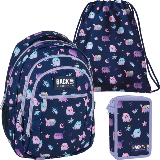 Schoolset BackUP Violet Kittens 3-in-1 – rugzak, gevulde etui en gymtas