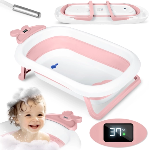 Opvouwbaar kinderbadje met LCD-thermometer, wit/roze