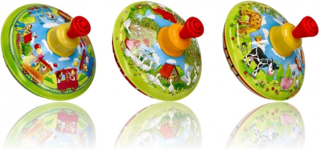 Klassieke metalen tol met boerderijafbeeldingen