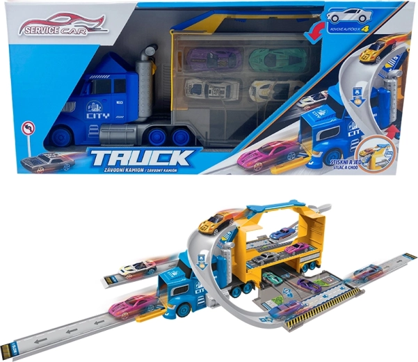 Sparky-truck met 4 auto's en verkeersborden
