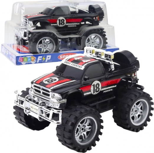 Terreinwagen met achterwielaandrijving, grote wielen, rood‑zwart