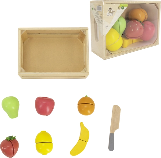 Babu houten snijfruit in een krat