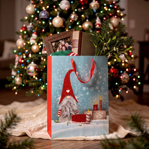 Kerstcadeautas met kabouter en glitters 31 × 42 × 12 cm - 1 stuk