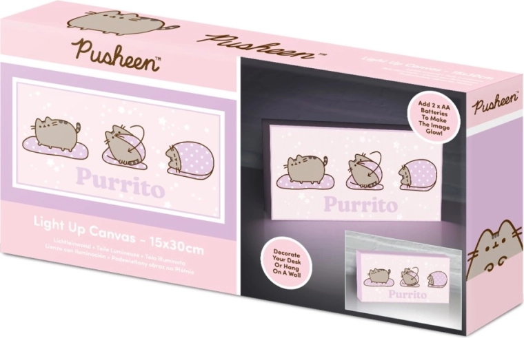 Pusheen lichtgevend schilderij 15 × 30 cm – roze achtergrond Purrito