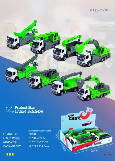 Bouwvoertuig metaal/kunststof 17,5 cm met vrijloopwielen