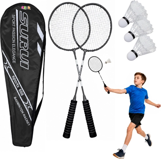 Badmintonset met 2 rackets, 3 plastic shuttles en hoes, zwart