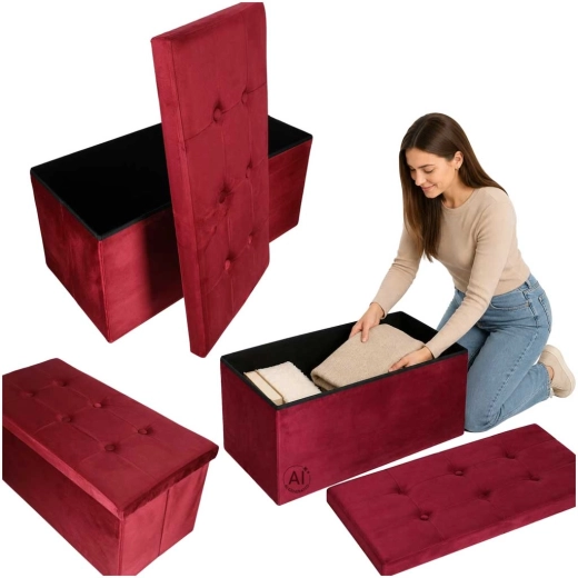 Opvouwbare velours bank/poef met opbergruimte bordeaux 77 × 38 × 37 cm - 1 stuk
