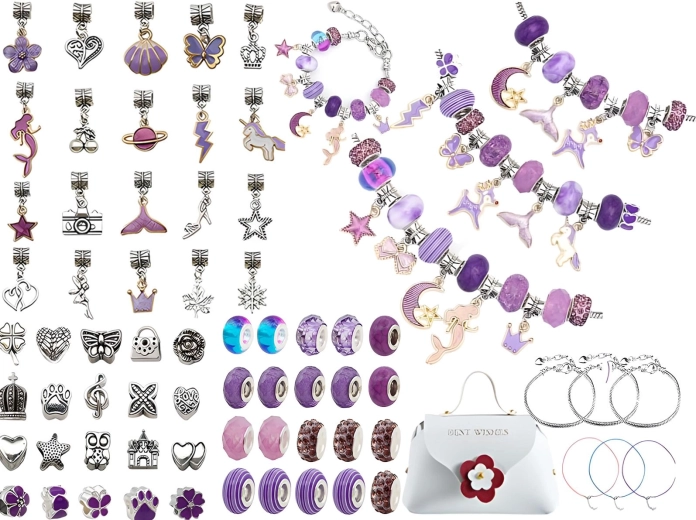 Set om armbanden te maken met bedeltjes in paarse tinten met een cosmetisch tasje (66 delen)