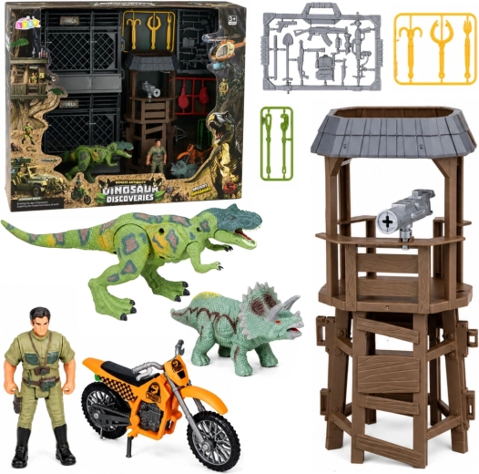 Dinosaurus-onderzoeksbasis met toren, kooi, figuren en accessoires