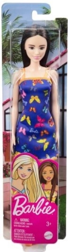 Barbie-pop elegante brunette in een blauwe jurk met vlindermotief