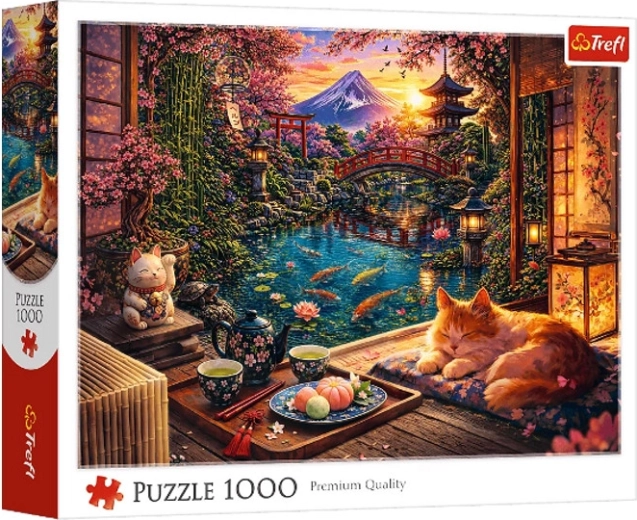 Puzzel 1000 stukjes kat in een sakuratuin