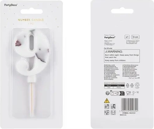 Witte verjaardagskaars in de vorm van het cijfer 9 met marmerpatroon, 8 cm