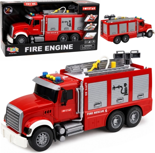 Grote kinderbrandweerwagen met uitschuifbare ladder, waterslang, licht en geluid – 1 stuk