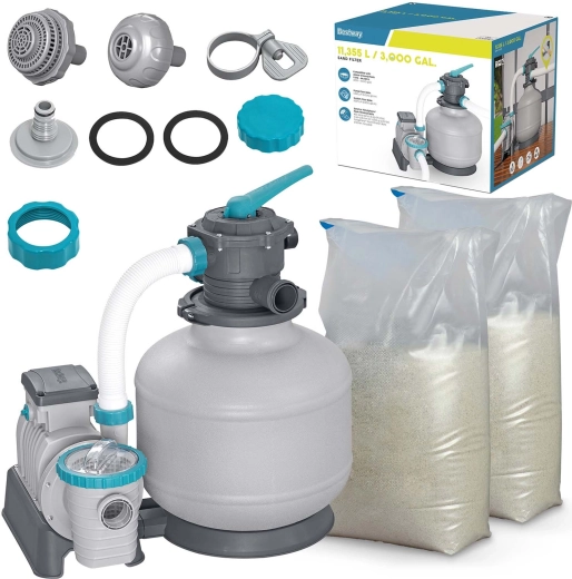 Zandfilter voor zwembad 11.355 l/u met timer + zand 50 kg BESTWAY