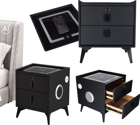 Slim slim nachtkastje met vingerafdruk, draadloos opladen en Bluetooth-speakers zwart 45 × 40 × 40 cm