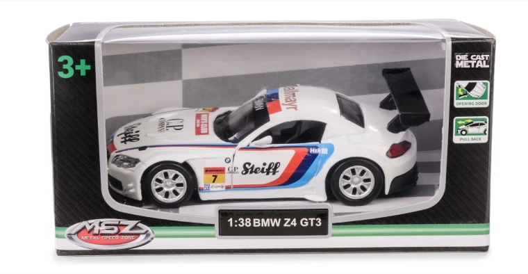 Metalen automodel bmw z4 gt3 1:38 met pull-back aandrijving