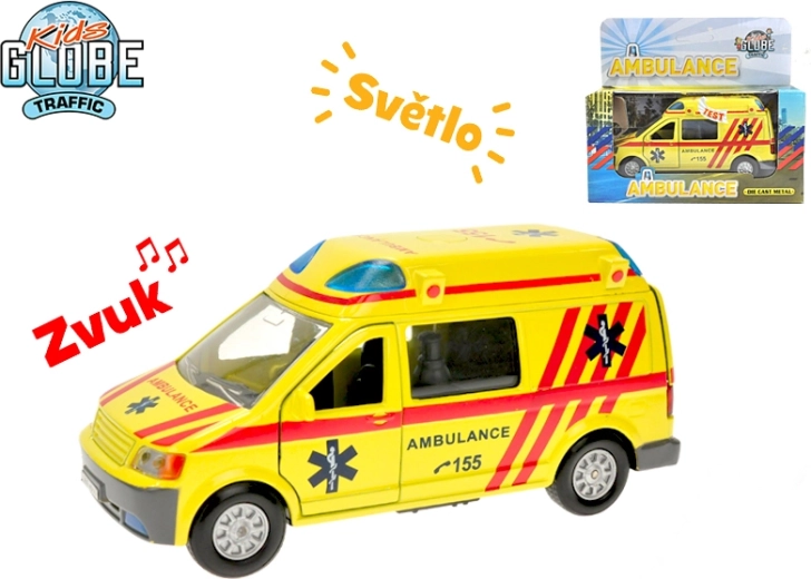 Metalen ambulance Kids Globe Traffic 14 cm met licht, geluid en terugtrekmechanisme
