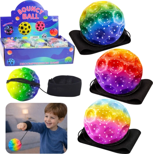 Sensorisch balletje aan elastiek met armband, regenboog, 6 cm