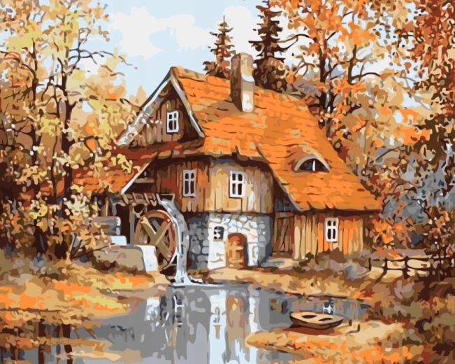 NORIMPEX Schilderen op nummer Molen in het bos bij de vijver 40 × 50 cm