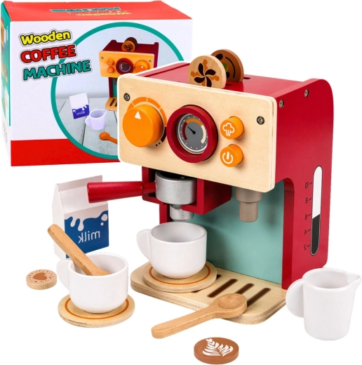 Houten koffiemachine voor kleine barista’s met kopjes en accessoires