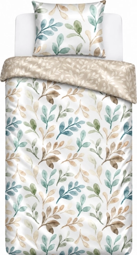 Katoenen satijnen beddengoed MILAGRO VERDE met bladermotief in beige-groen, 140 × 200 cm