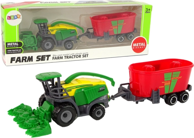 Combine met aanhanger – groen‑rode landbouwmachine, plastic speelgoed