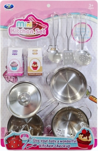 Kinderkeukenset van metalen potten en pannen met accessoires
