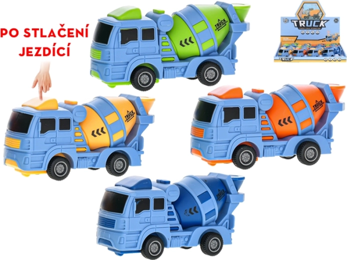 Plastic betonnenwagen 10 cm met knop-aandrijving