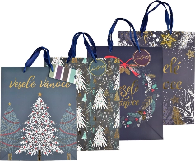 Kerst papieren cadeautas met roos reliëf blauw 26 × 10 × 32 cm (mix van 4 motieven)